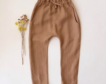 Girl Linen Ruffle Waist Pants | Color Latte