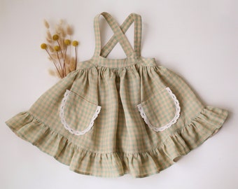 Girl Linen Straps Pinafore with Lace | Color Green Gingham