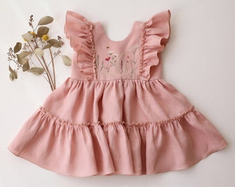 Girl Linen Tiered Dress with Ruffled Front  | Color Powder | “Meadow Flowers with Bee” Embroidery