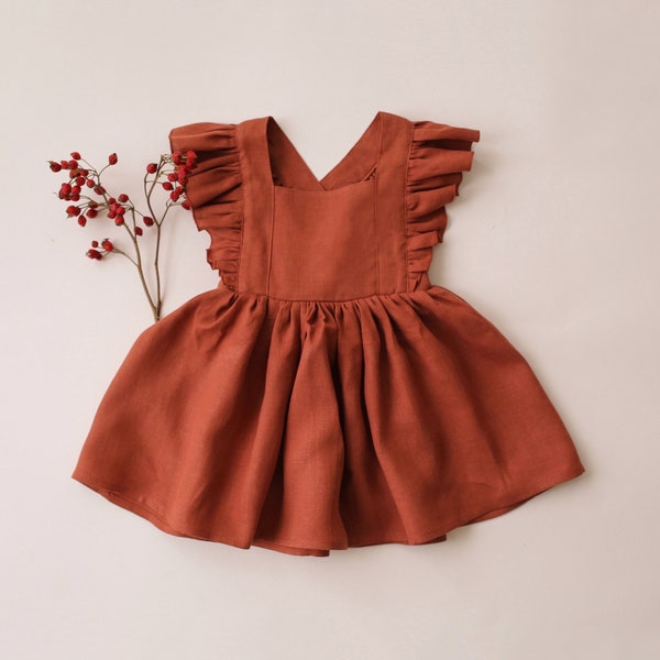 Girl Linen Vintage Dress | Color Rust