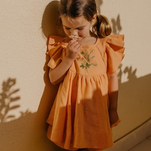 Girl Linen Flutter Sleeve Tie Back Blouse | Color Peach | &quot;Bouquet #2&quot; Embroidery