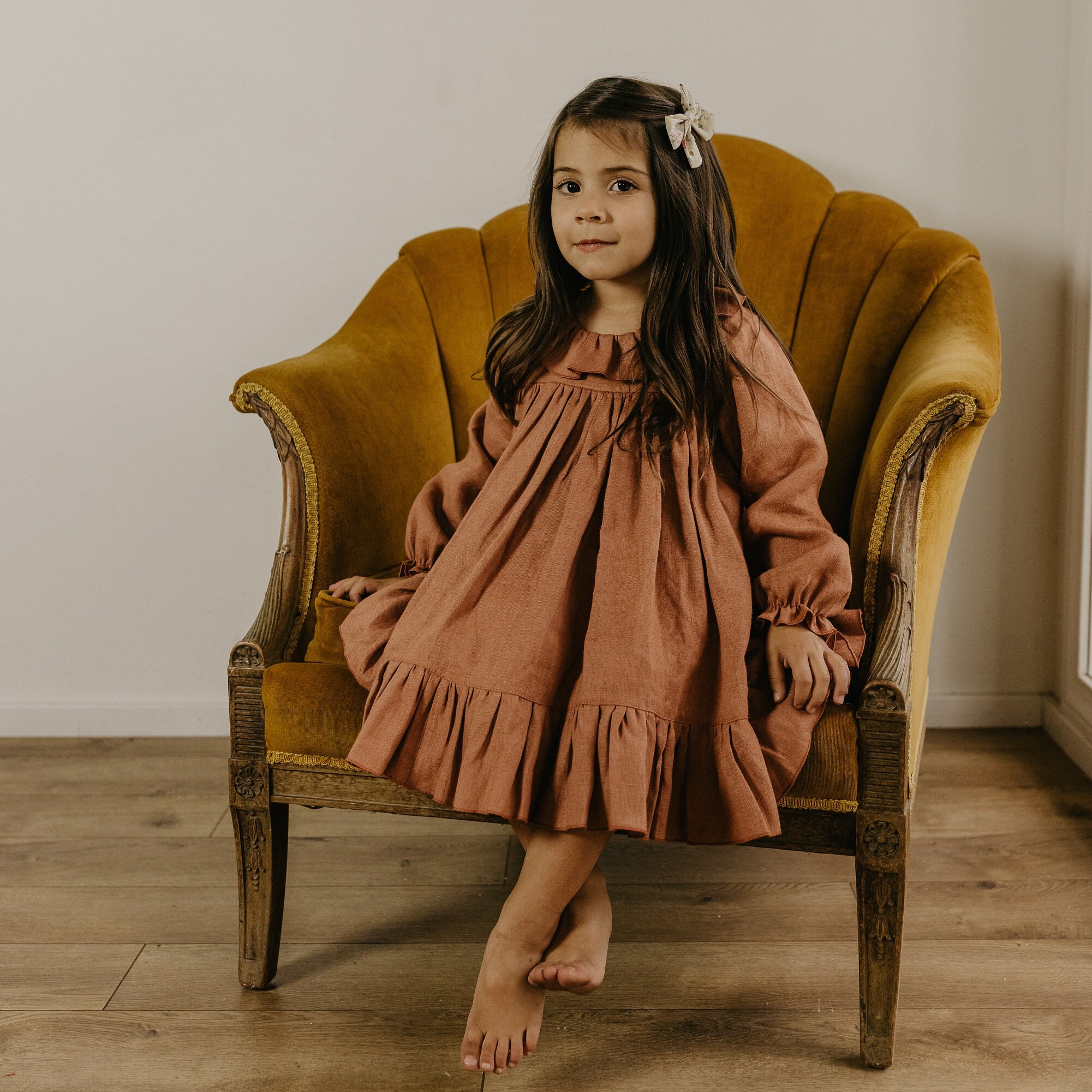 Robe en lin a manches longues et col a volants pour fille Couleur Terre cuite Etsy France