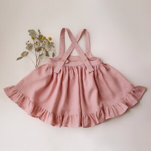 Girl Linen Straps Pinafore with Frills Color Powder Embroidery Bouquet 1 image 2