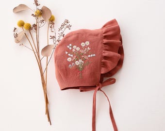 Embroidered Linen Baby Bonnet, Ruffle Brim, Newborn Photo Prop