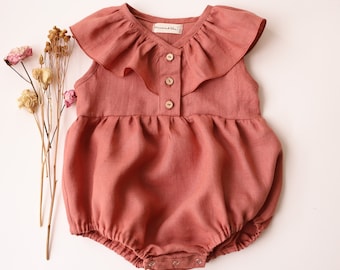 Baby Girl Linen Bubble Playsuit, Romper with Ruffle Collar Button-Front | Color Rose Bouquet