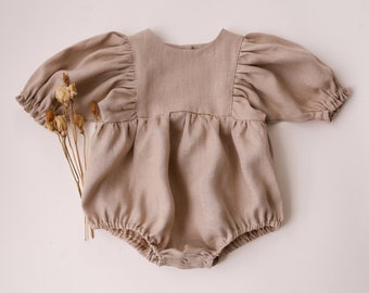 Baby Girl Linen Puff Sleeve Bubble Playsuit, Romper | Color Beige