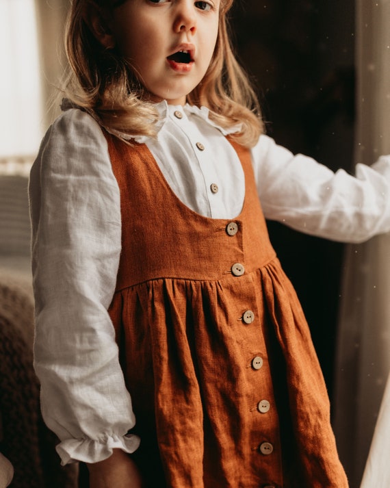 Girl Linen Button Front Pinafore Dress Color Burnt Orange Etsy