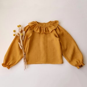 Girl Linen Long Sleeve Blouse with Bubble Sleeve and Ruffle Collar | Color Amber
