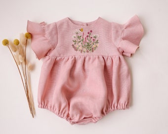 Baby Girl Linen Romper, Bubble Playsuit with Flounce Sleeve | Color Powder | “Wildflowers with Butterfly” Embroidery