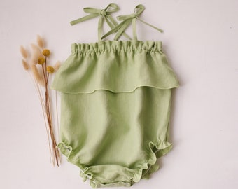 Baby Girl Linen Summer Playsuit with Ties | Color Spring Green