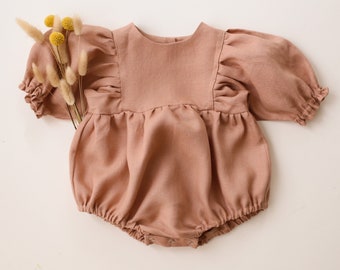Baby Girl Linen Puff Sleeve Bubble Playsuit, Romper | Color Clay