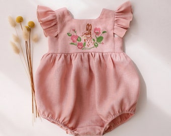 Baby Girl Linen Bubble Playsuit, Romper with Flutter Sleeve and Square Neckline | Color Powder | "Bunny in Flowers" Embroidery