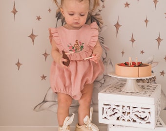 Baby Girl Linen Bubble Playsuit, Romper with Ruffled Bodice | Color Powder | “Bunny in Flowers” Embroidery