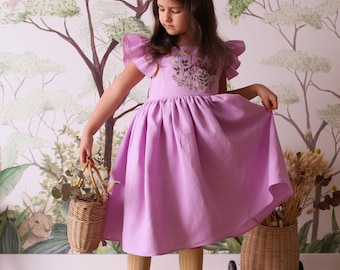 Girl Linen Dress with Flutter Sleeve and Square Neckline | Color Wisteria | "Wildflowers with Butterfly" Embroidery