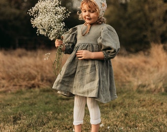 Girl Linen Puff Sleeve Dress | Color Green Smoke