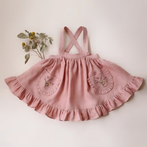Girl Linen Straps Pinafore with Frills Color Powder Embroidery Bouquet 1 image 1