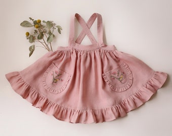 Girl Linen Straps Pinafore with Frills | Color Powder | Embroidery “Bouquet #1”