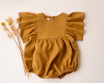 Baby Girl Linen Romper, Bubble Playsuit with Ruffle Sleeve | Color Mustard