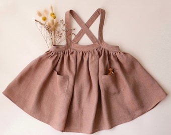 Girl Linen Straps Pinafore with Pockets | Color Rose Smoke