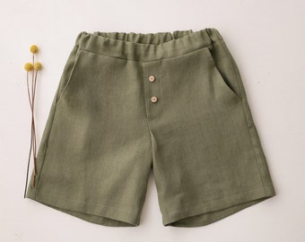 Kids Linen Relaxed Fit Shorts | Color Olive