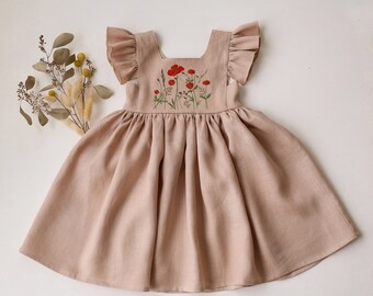 Girl Linen Dress with Flutter Sleeve and Square Neckline | Color Powder | "Poppy Meadow" Embroidery