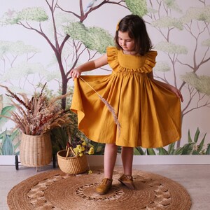 Linen Ruffled Bodice Dress for Girls Color Amber image 1