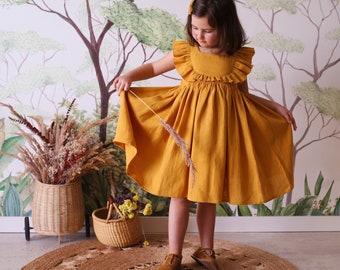 Linen Ruffled Bodice Dress for Girls | Color Amber