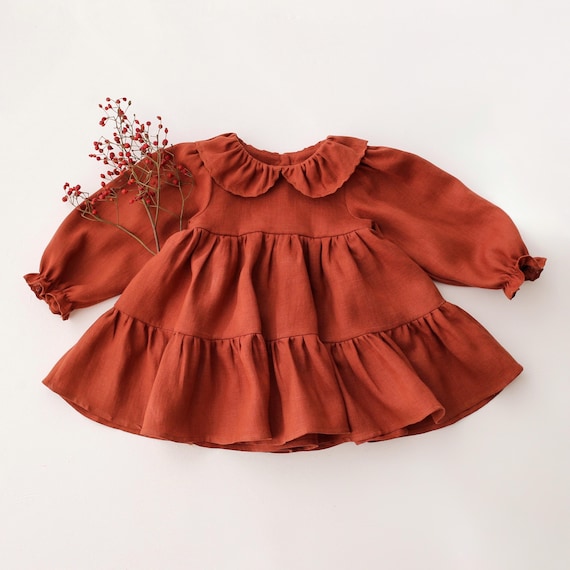 Christmas Dress, Christmas Outfit, Linen Dress, Girl Linen Dress, Tiered Dress with Long Sleeve & Peter Pan Collar | Color Rust