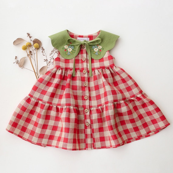 Linen Girl Dress with Strawberry Bouquet Embroidery, Cherry Check Tiered Dress with Petal Collar in Meadow Green, Berry First Birthday