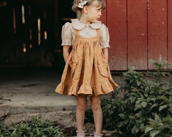 Girl Linen Straps Pinafore with Frills | Color Mustard