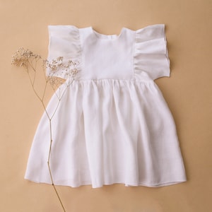 White Linen Girl Dress with Ruffle Sleeves, Christening & Flower Girl Dress, Wedding Birthday Outfit