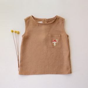 Kids Linen Relaxed Fit Tank Top | Color Latte | &quot;Toadstool with Snail&quot; Embroidery