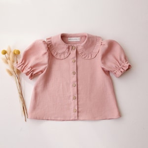 Girl Linen Short Sleeve Frilled Collar Blouse | Color Powder