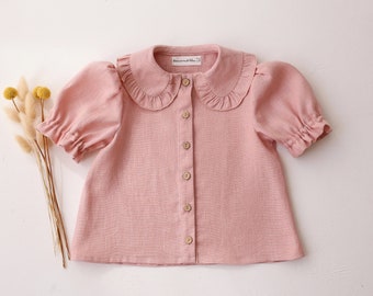 Girl Linen Short Sleeve Frilled Collar Blouse | Color Powder