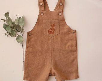 Baby Boy Linen Buttoned Short Dungaree | Color Latte | “Rabbit” Embroidery
