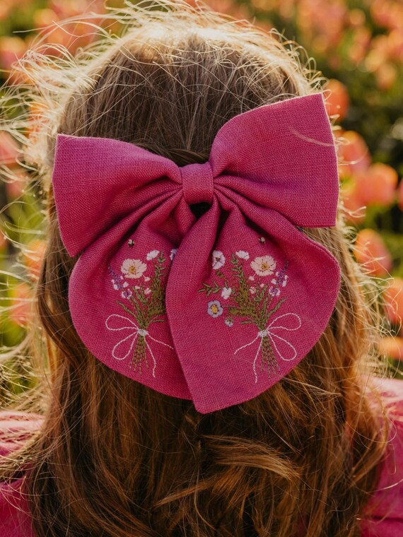 Girl Hair Bow, Embroidered Hair Clip, Floral Hair Bow  display picture 3