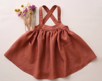 Girl Linen Straps Pinafore with Pockets | Color Terracotta