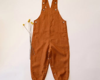 Baby Linen Buttoned Dungaree | Color Burnt Orange