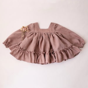 Girl Linen Long Sleeve Ruffled Hem Top | Color Rose Smoke