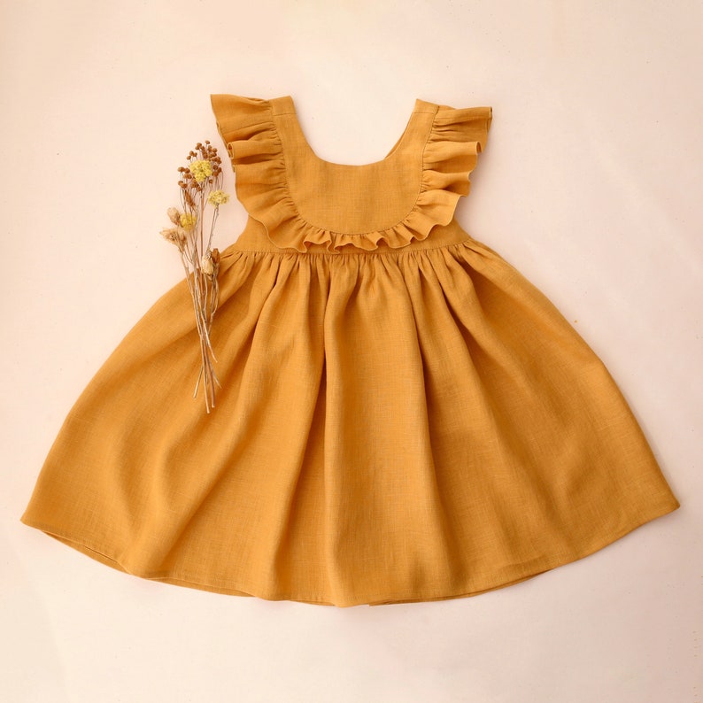 Linen Ruffled Bodice Dress for Girls Color Amber image 4