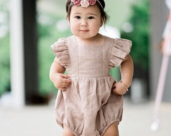 Baby Girl Linen Vintage Bubble Playsuit, Romper  | Color Rose Smoke