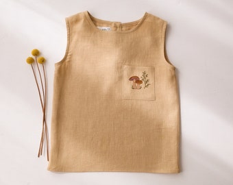 Kids Linen Relaxed Fit Tank Top | Color Melon | "Mushrooms" Embroidery