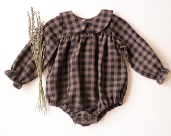 Baby Girl Linen Long Sleeve Babydoll Bodice Bubble Playsuit, Romper | Color Taupe & Black Check