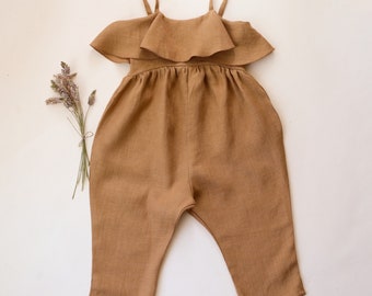 Girl Linen Summer Flounce Cropped Romper | Color Latte