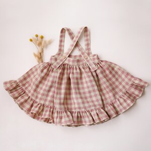 Girl Linen Straps Pinafore with Frills Color Blush & Cream Gingham image 2