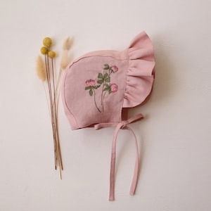 Baby Girl Linen Ruffle Brimmed Bonnet | Color Powder | “Clover Flower” Embroidery