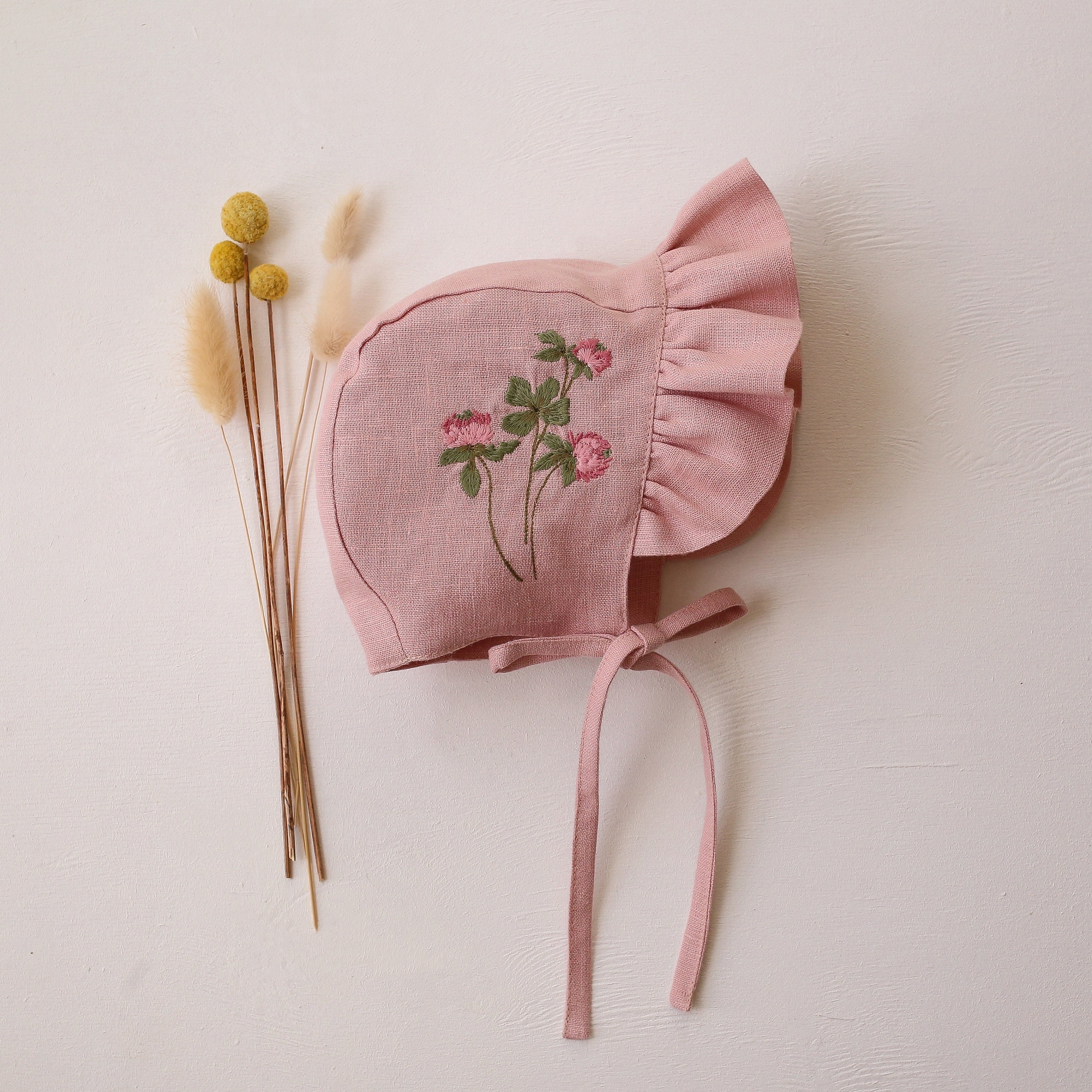 Baby Girl Linen Ruffle Brimmed Bonnet | Color Powder | “Clover Flower” Embroidery