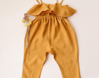 Girl Linen Summer Flounce Romper | Color Amber