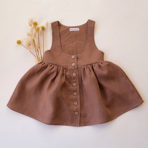 Girl Linen Button Front Pinafore Dress  | Color Cocoa Brown