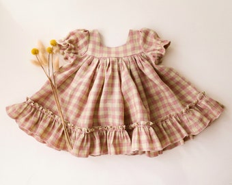 Linen Short Sleeve Square Neck Babydoll Bodice Dress for Girls | Color Blush & Cream Gingham